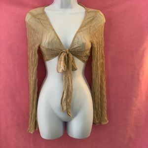 Tan mesh bell sleeve crop top
